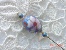 (u400-G) blue CLOISONNE beads white pink flower three bead brass hatpin hat pin