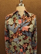 Hipster Vtg 60s 70s NEW NOS Colorful Leaf Print Button Down LS Casual Shirt Sz S