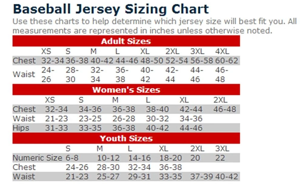 youth baseball jersey size chart