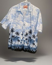 RJC Size XL Made in Hawaii USA Mens Cotton Map Palm Blue White VTG Camp Shirt
