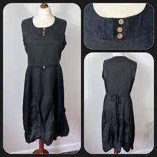 Black Linen & Cotton Sleeveless Summer Dress Boho Hippy Ruched Skirt Size M
