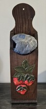 Vintage Handmade Wooden Plastic Bag Holder w 3D Strawberries. 14 5/8" Tall.