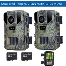 2 Pack Mini Trail Camera 24MP 1080P Hunting Game Cam Motion Activated +32GB Card