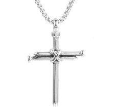Silver stainless steel Double Nail Cross Pendant Necklace Rolo Chain 3mm 24''
