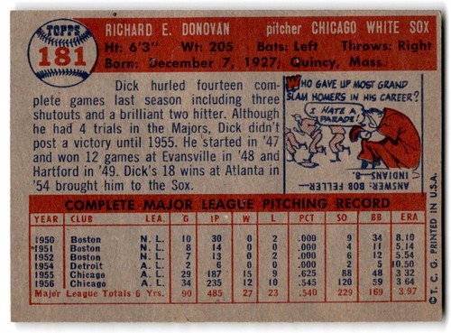 1957 Topps Dick Donovan Chicago White Sox #181 - Picture 2 of 2
