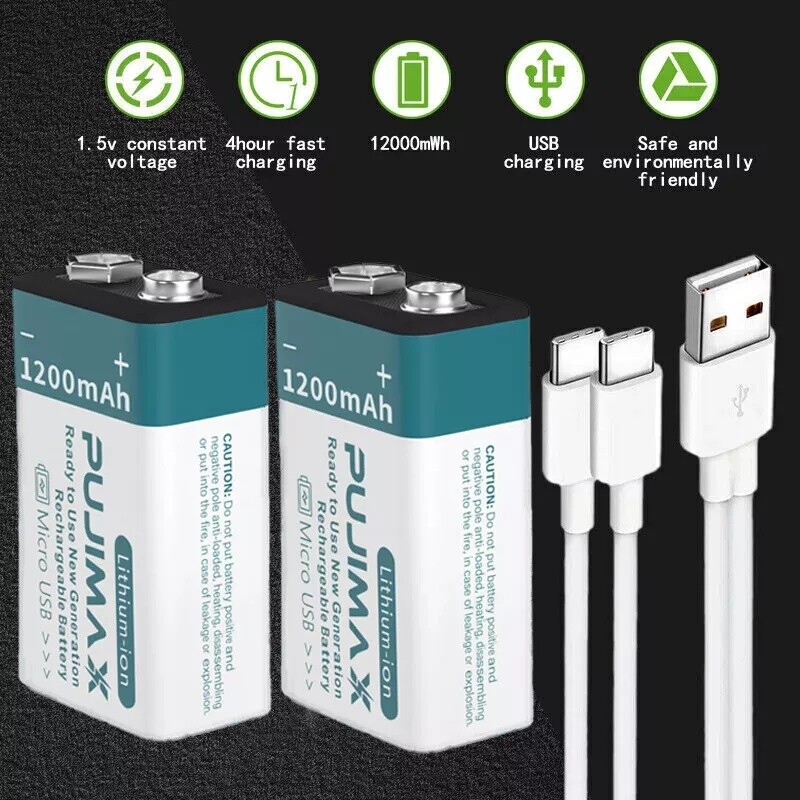 9V 9 Volt Li-ion USB Rechargeable Batteries 1200MAH Ion Battery Pack Lot USA