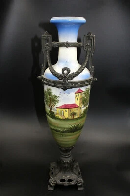 alte Vase mit Metallmontur, Fayence, handbemalt, Kirche um 1900 - Bild 1 von 4