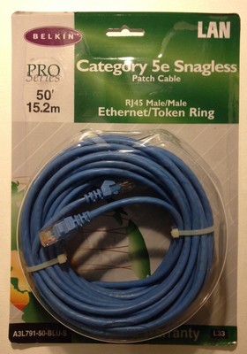 50' BELKIN PATCH CABLE RJ45 Male/Male Cat 5e Snagless NIB - Free Priority In US!