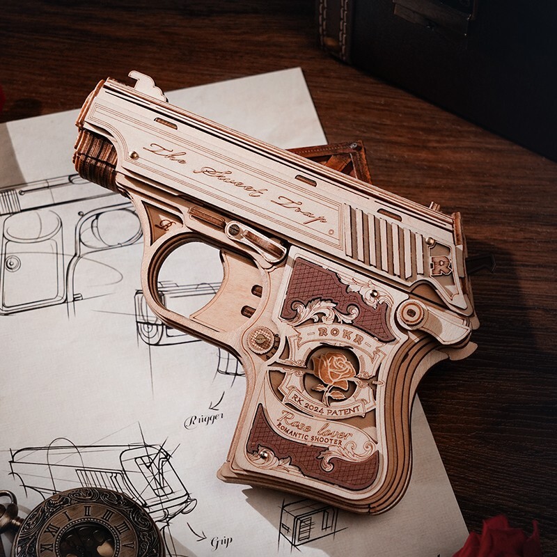 ROKR 3D DIY Wooden Puzzle Pistol Mechanical Gun Model Toy for Boy Teen Xmas Gift