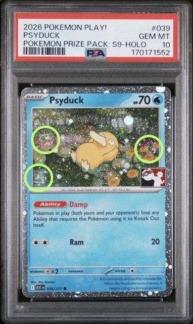 POKEMON PLAY POKEMON PRIZE PACK: SERIES 9 #039 PSYDUCK  PSA 10 (3 🌀 - RARE!)