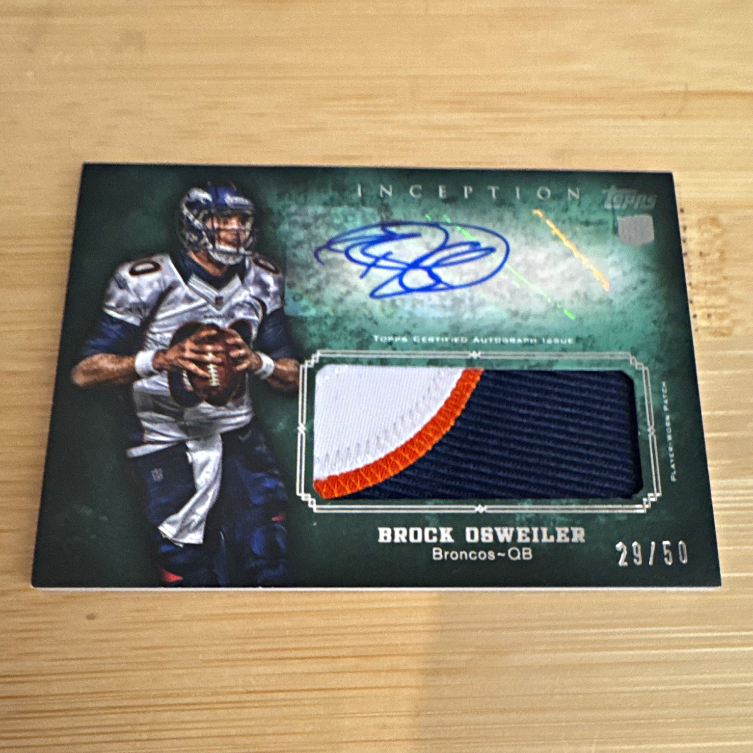 Topps 2012 Inception Brock Osweiler RC Auto Jumbo Patch Green /50 #AJP-BO
