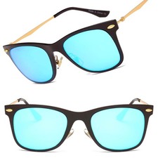 Classic Horn Rimmed Rectangle Fashion Blue Mirrored Metal Frame Sunglasses