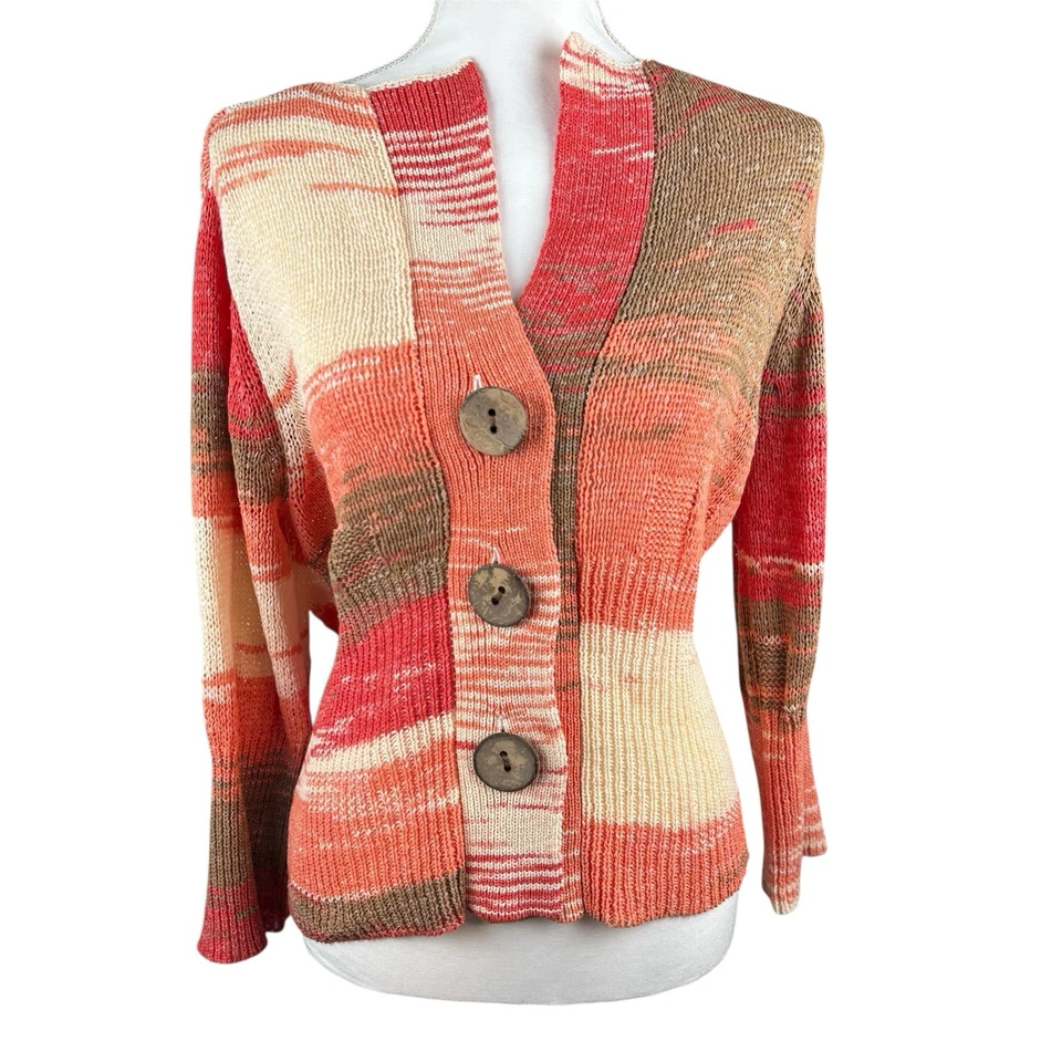 Cardigã suéter feminino Orvis novo sem etiquetas listra de botão grande tecido aberto tamanho grande coral - Imagem 2 de 4