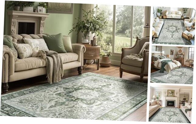 Machine Washable 6x9 Vintage Low-Pile Rug for Bedroom or Living Room