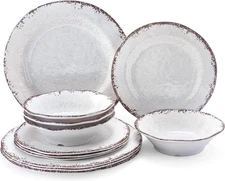 LEHAHA Vintage White Melamine Dinnerware set-12 Piece Lightweight Unbreakable Ou