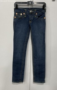 True Religion Womens Blue Contrast Stitch Straight Leg Jeans Size 27 Made In USA