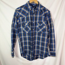 Wrangler Western Pearl Snap Shirt Men s Blue Plaid Long Sleeve Cowboy Med