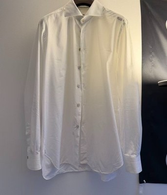 Kiton Button Up Shirt Mens Sz 17.5/42 White Plaid Modern Italy, 100% Cotton.