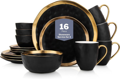 Stone Lain Florian Modern Porcelain 16 Piece Dinnerware Set, Plates and Bowls Se