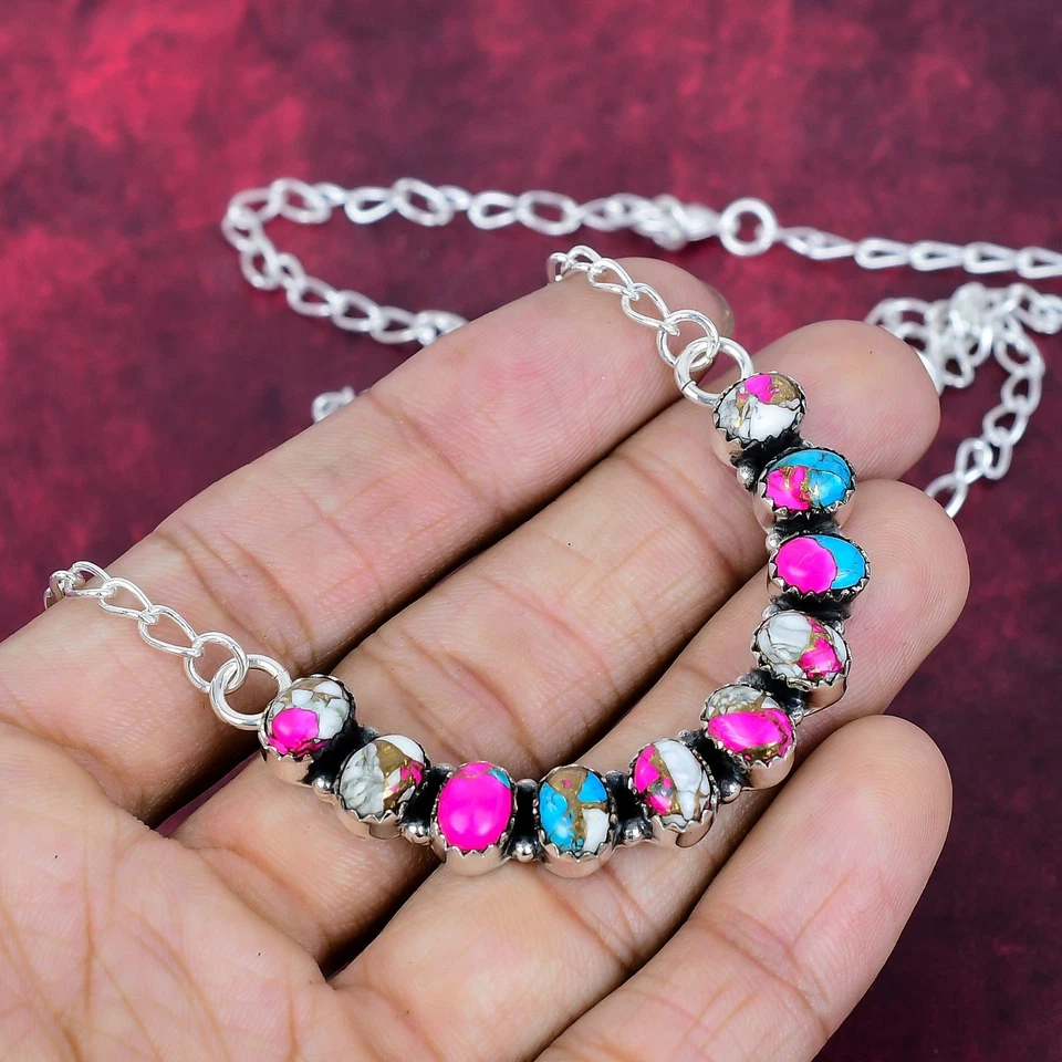 Cotton Candy Turquoise Gemstone Handmade 925 Sterling Silver Jewelry Necklace - Image 4 of 4