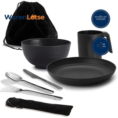 Camping Mess Kit Besteck Set mit Messer, Löffel, Gabel, Tasse, Schüssel, Teller - Bild 1 von 4