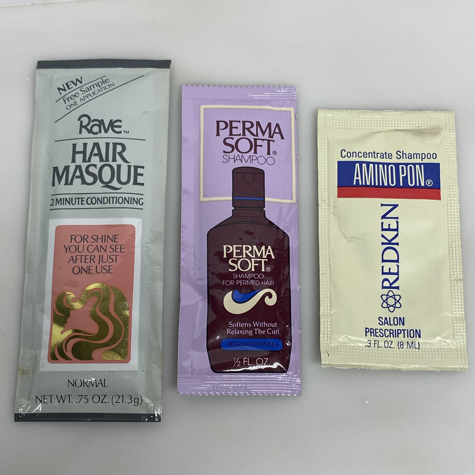 3  Vintage Haircare SAMPLES Rave Masque, Perma Soft Shampoo, Redken Shampoo