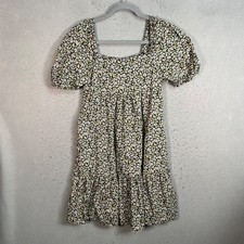 Uniqlo Womens Small Black Floral Cotton Dress Square Neck Puff Sleeves Tiered