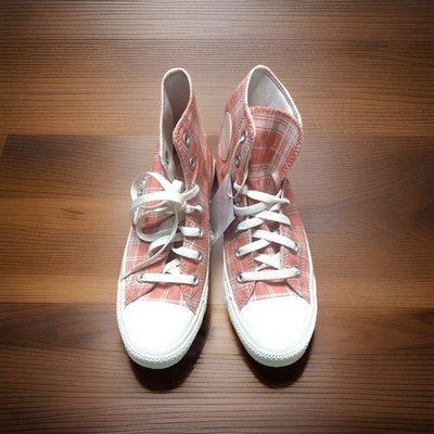 CONVERSE SALMON PINK PLAID HIGH TOP SNEAKER SZ W8