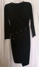 No Brand Dress Midi Black Studded Long Sleeve Wrap Bodice Fitted Waist
