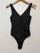 Forever 21 Minimalist Black Bodysuit S Deep V-Neck Thong Base Layer Sleeveless