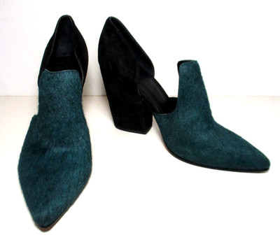 Huma Blanco Teal Calf Hair Black Suede Shoes 37 US Size 7.5 Block Heels