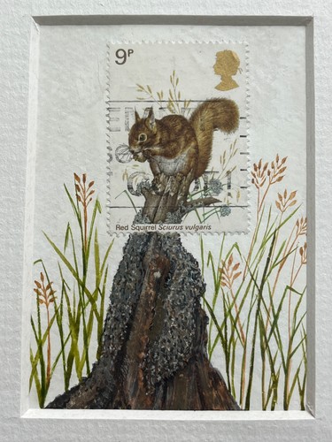 SQUIRREL ACEO Original painting, postage stamp collection art gift