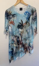 Inoah Artsy Whimsical Asymetrical 1/2 Sleeve Length Blue Multi Tunic Top Medium