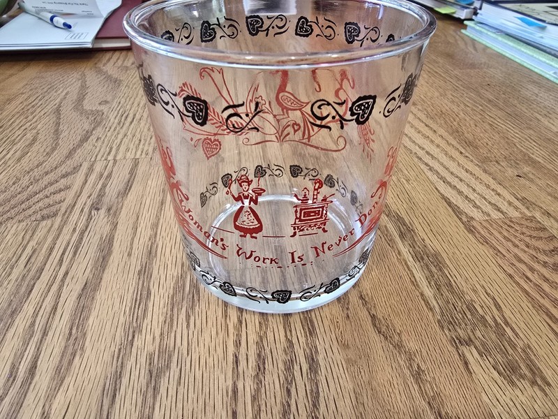 Vintage Hazel Atlas Sour Cream Glass  Woman's Work Is Never Done.