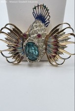 Vintage Coro Craft Sterling Silver Vermeil Enamel Fish Brooch Rhinestone 3.5