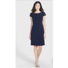 Eliza J Navy Blue Beaded Cap Sleeve Ruched Sheath Dress Women's Size 8