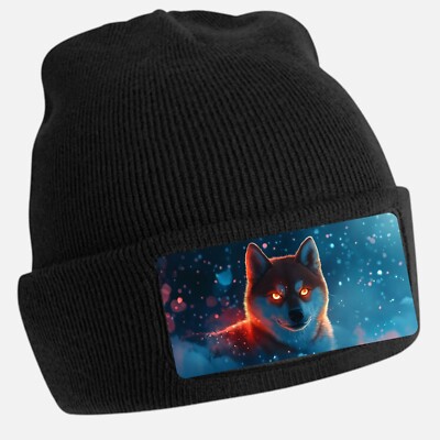 Black Beanie Hat with Cool Shia Inu Motif - Unisex Cap, Cotton