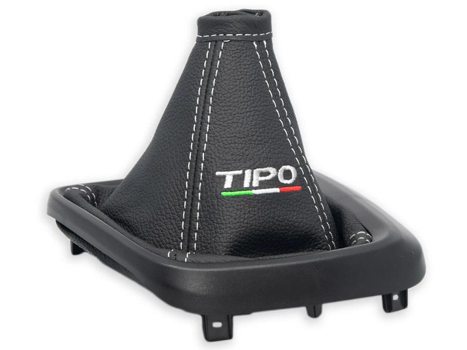 PER FIAT TIPO 2015-2025 CUFFIA LEVA CAMBIO PELLE NERA RICAMO BIANCO + TELAIO - Image 2 of 4