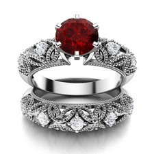 Solitaire 5MM Round Garnet 925 Sterling Silver Dual Shank Women Wedding Ring
