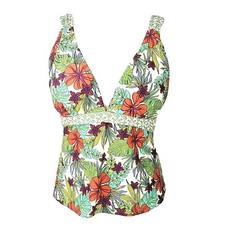 Robby Len Swim Fashions NWT Woman Size 14 Tankini Green Orange Floral V-neck