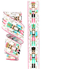Nutcrackers 2.5  by 2 yards Pink Aqua Wired Ribbon Christmas Winter Canvas-like