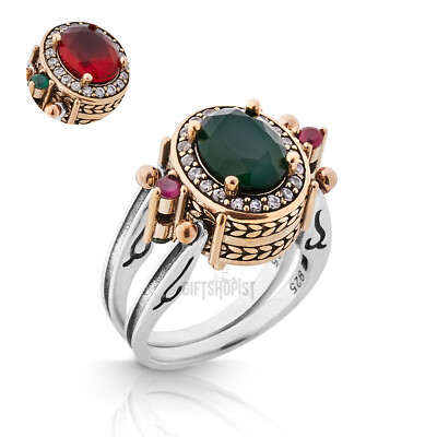 Türkischer Wendering ovaler Smaragd Rubin Jade Topas 925 Sterlingsilber Größe