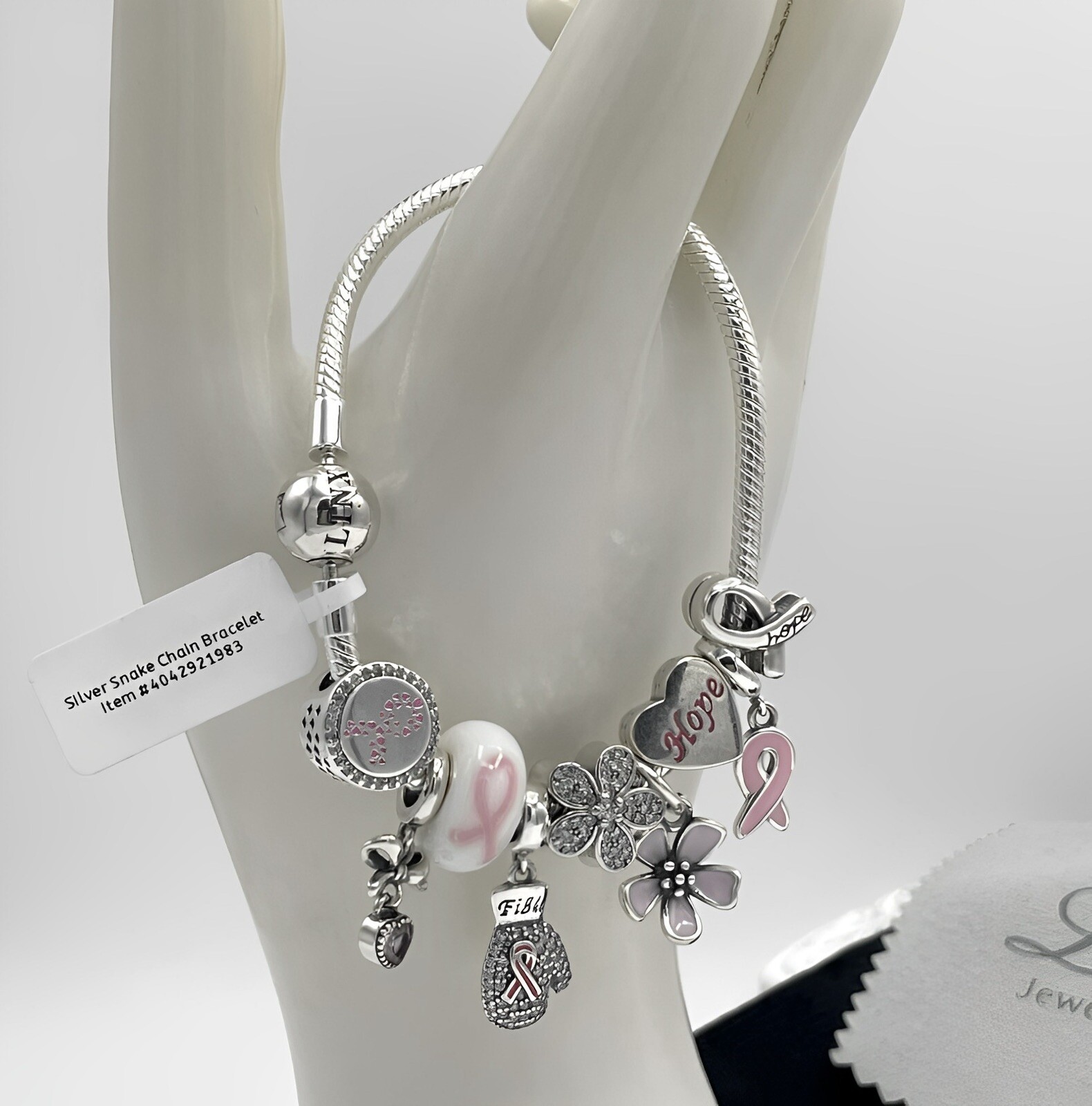 Linx Silver Snake Chain Bracelet with Breast Cancer Awareness Themed Charms