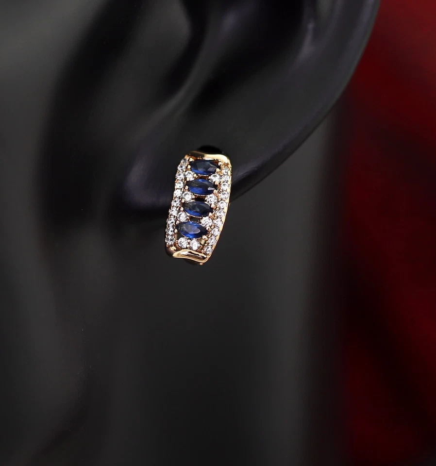 PENDIENTES ARO VESTIDO MUJER ORO ROSA 18K GF Zafiro Azul Diamante Simulado Banda Foto 4 de 4