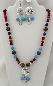 Silver Agate Jasper Blue Jade  25" Necklace and 3" Dangle Leverback Earring Set