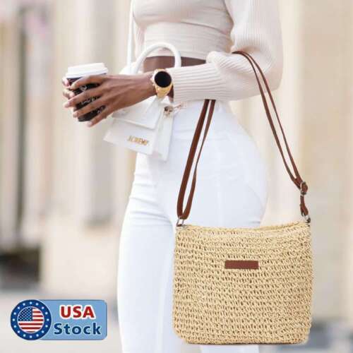 Ladies Straw Crossbody Bag Summer Beach Woven Shoulder Handbag Purse NEW