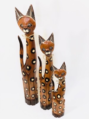 Holz Katze Statue Ornament Katze Schnitzerei geschnitzt Katze Set Geschenk 60cm 80cm 60cm