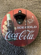 Coca Cola Bottle Opener Plaque “Yes! Ice Cold Coca Cola” Vintage Looking Wood 8”