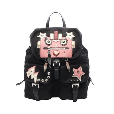 PRADA TESSUTO ROBOT Rucksack Backpack 1BZ811 Nylon Leder Schwarz Pink Weiß Ge...
