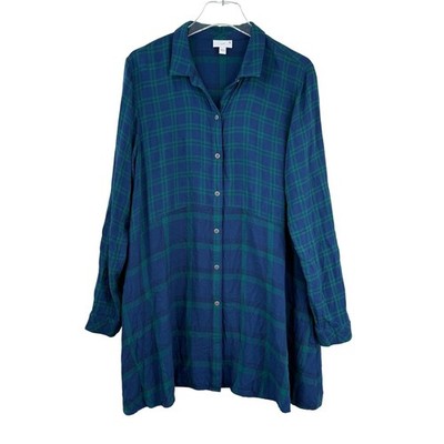 J. Jill Plaid Tunic Button Down Shirt Women L Rayon Pockets COMFORT